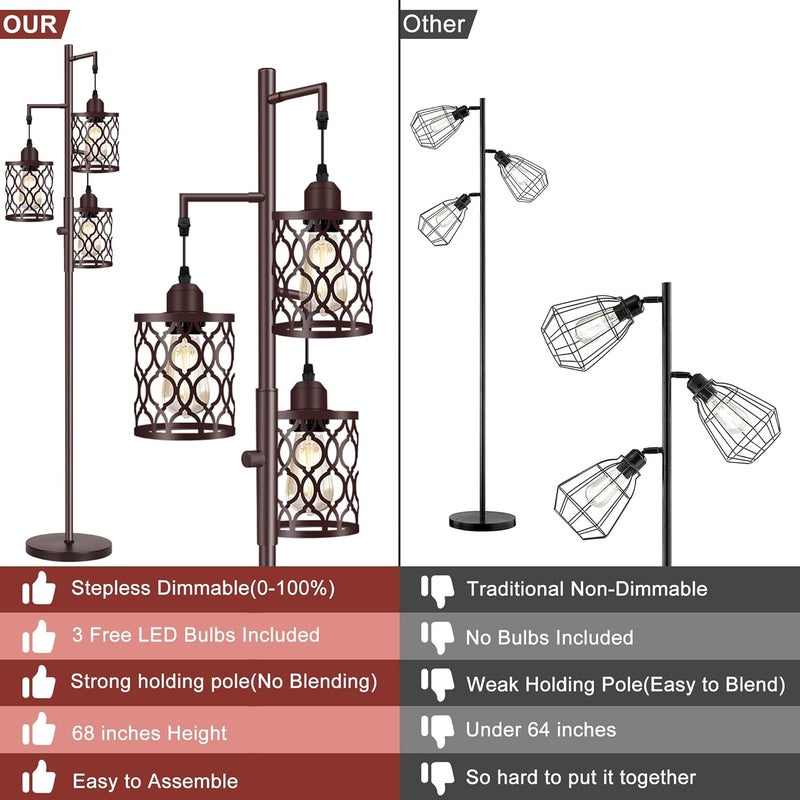 Rottogoon 68" Farmhouse Floor lamp, Dimmable Industrial Floor Lamps for Living Room, 3 Light Rustic Standing Tall Lamp Including 3 PCS 6W E26 Bulbs, Tree Floor Lamp for Bedrooms Room, Office, Bar, Brown - Image 4
